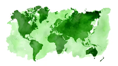 Watercolor World Map Illustration In Shades Of Green