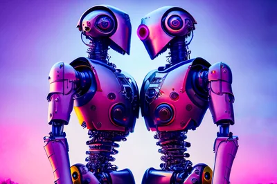 Two Futuristic Android Robots Facing Each Other