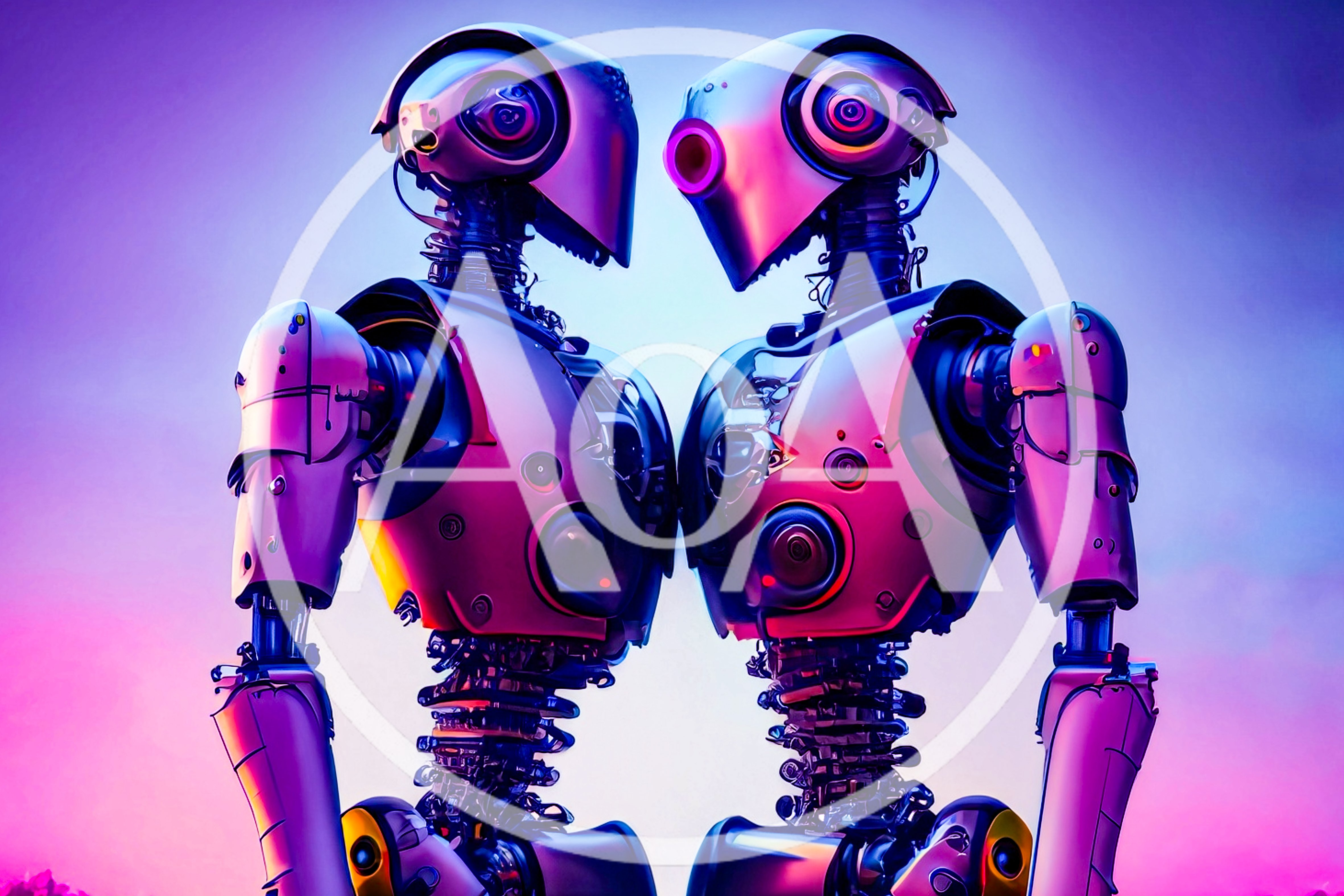 Two Futuristic Android Robots Facing Each Other