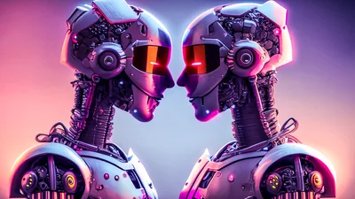 Two Futuristic Android Robots Facing Each Other