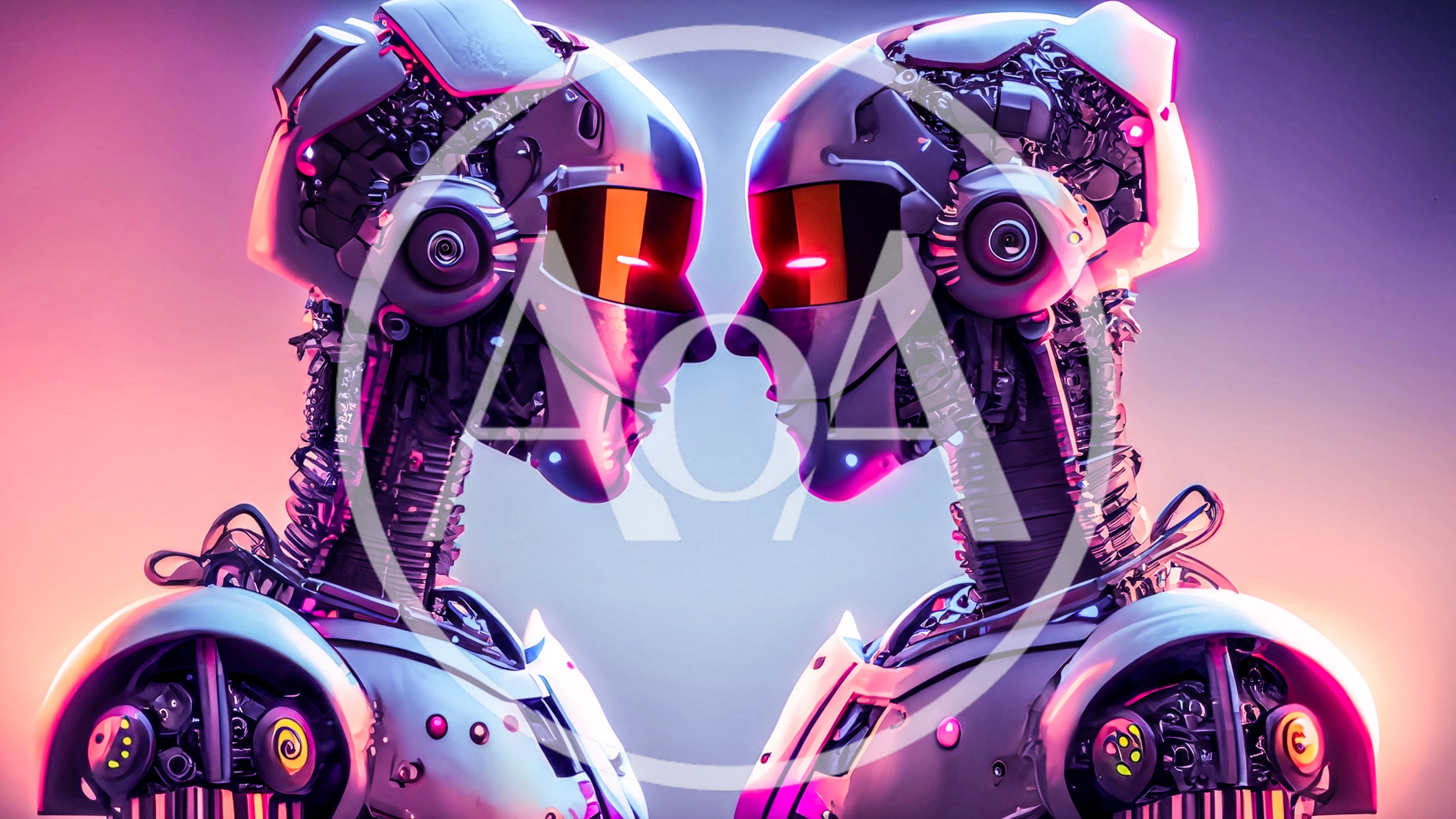 Two Futuristic Android Robots Facing Each Other