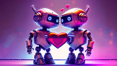 Two Cute Robots Holding A Glowing Heart
