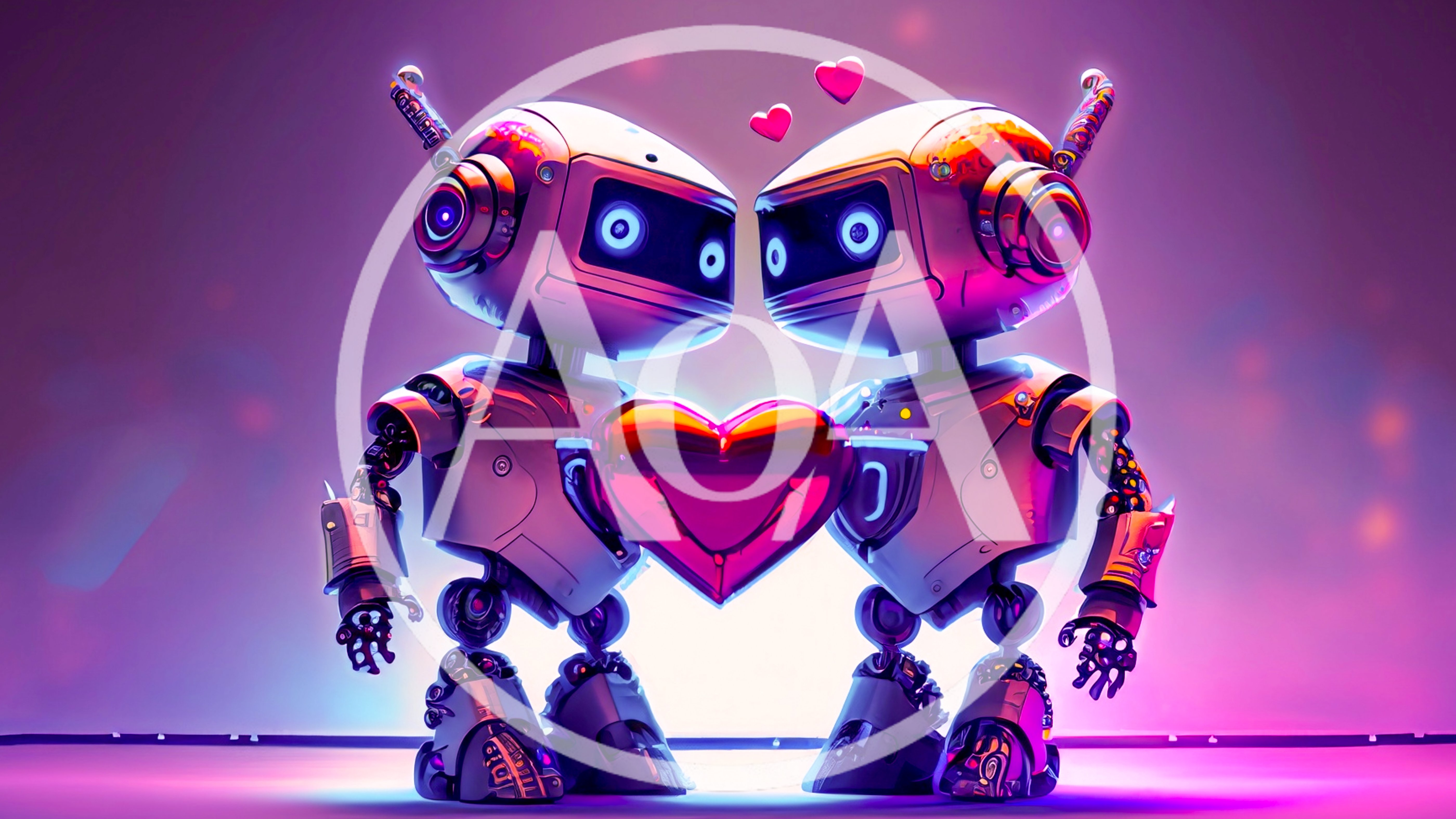 Two Cute Robots Holding A Glowing Heart