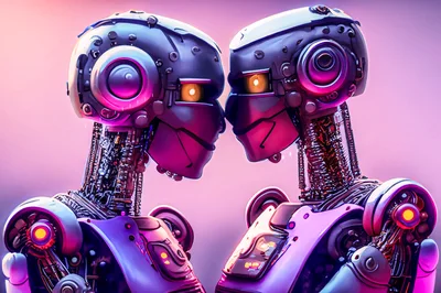 Two Futuristic Robots Facing Each Other In Intimate Pose