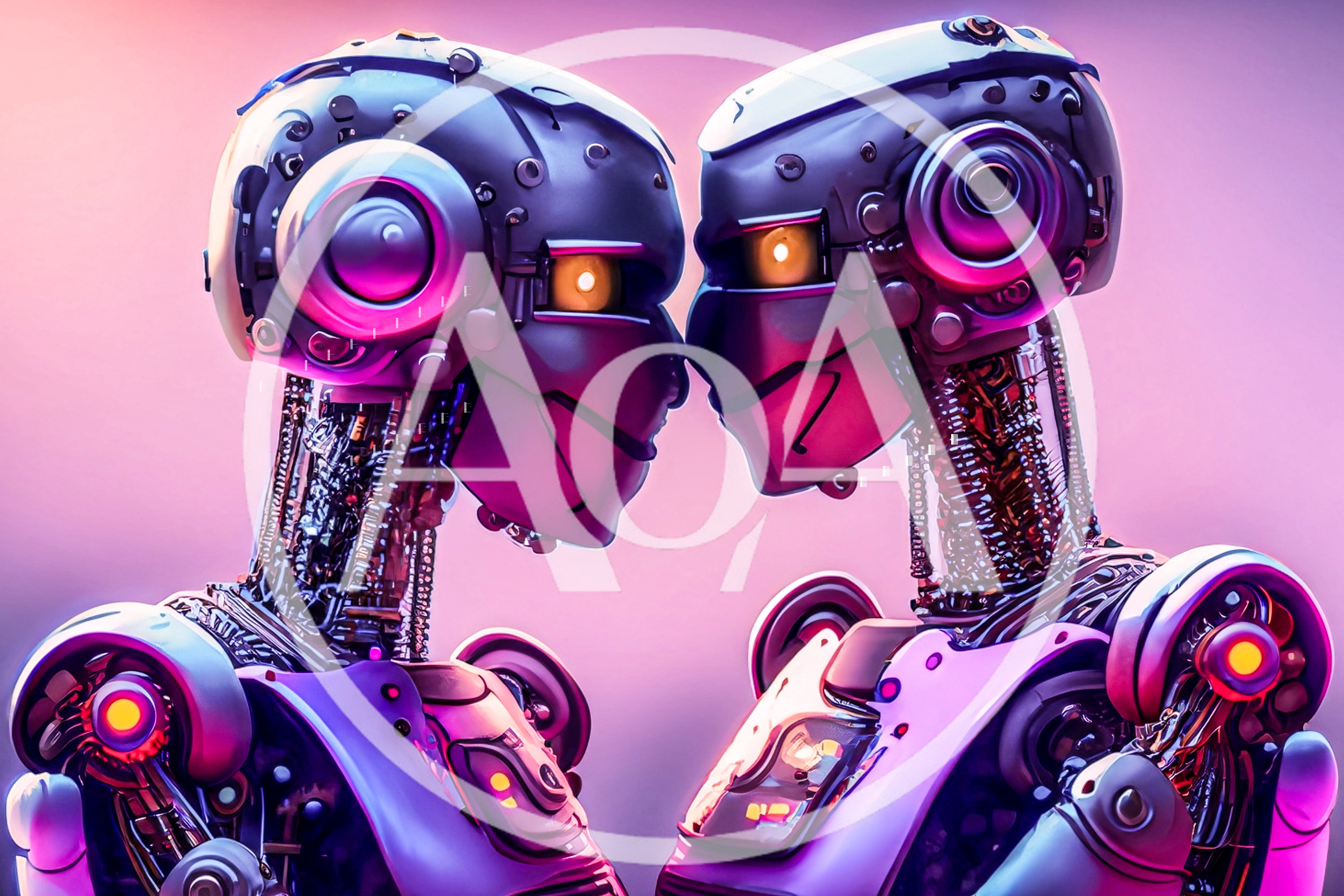 Two Futuristic Robots Facing Each Other In Intimate Pose