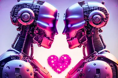 Two Futuristic Androids Facing Each Other With Glowing Heart