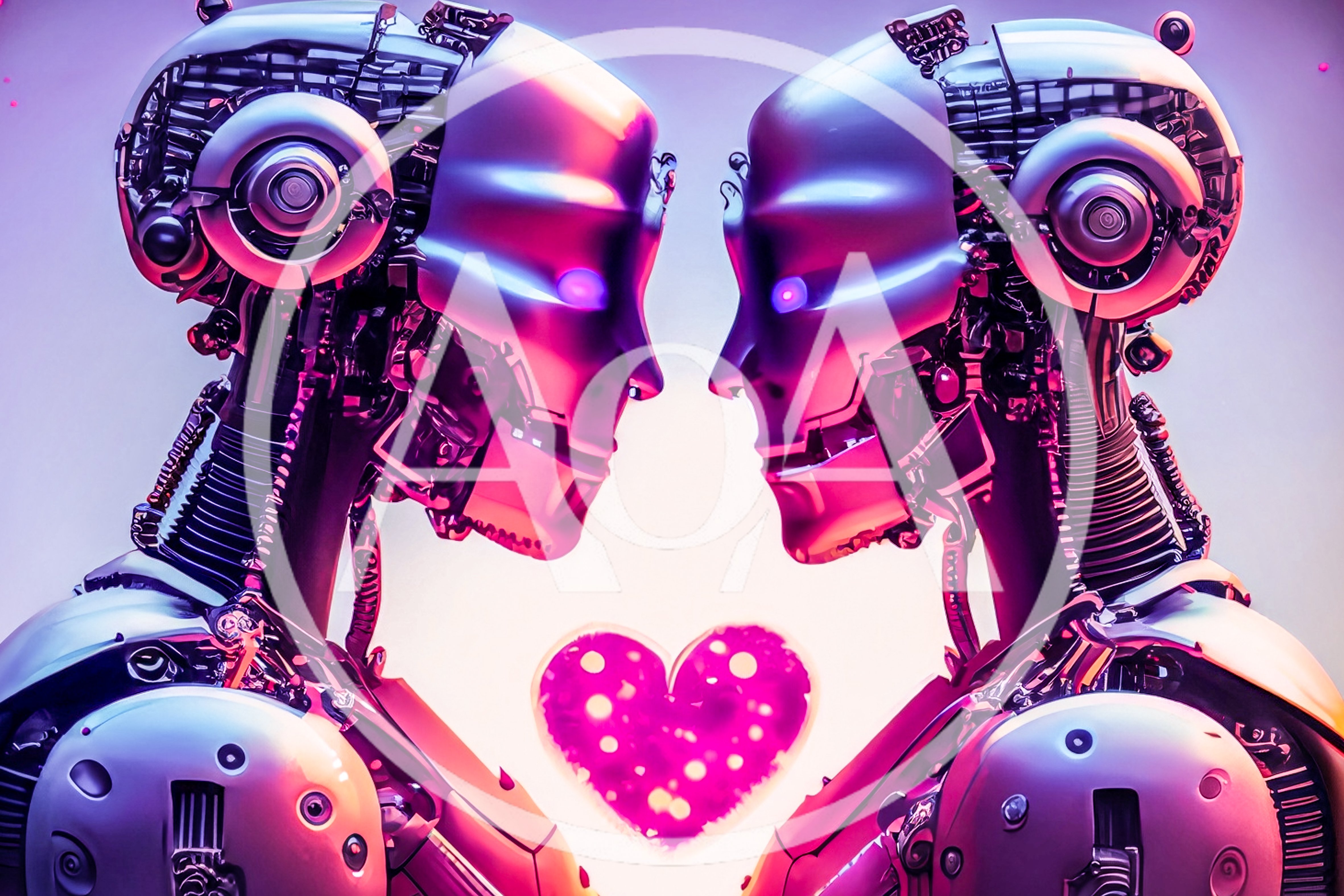 Two Futuristic Androids Facing Each Other With Glowing Heart
