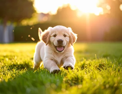 Golden Retriever Puppy Running Through Sunny Grass