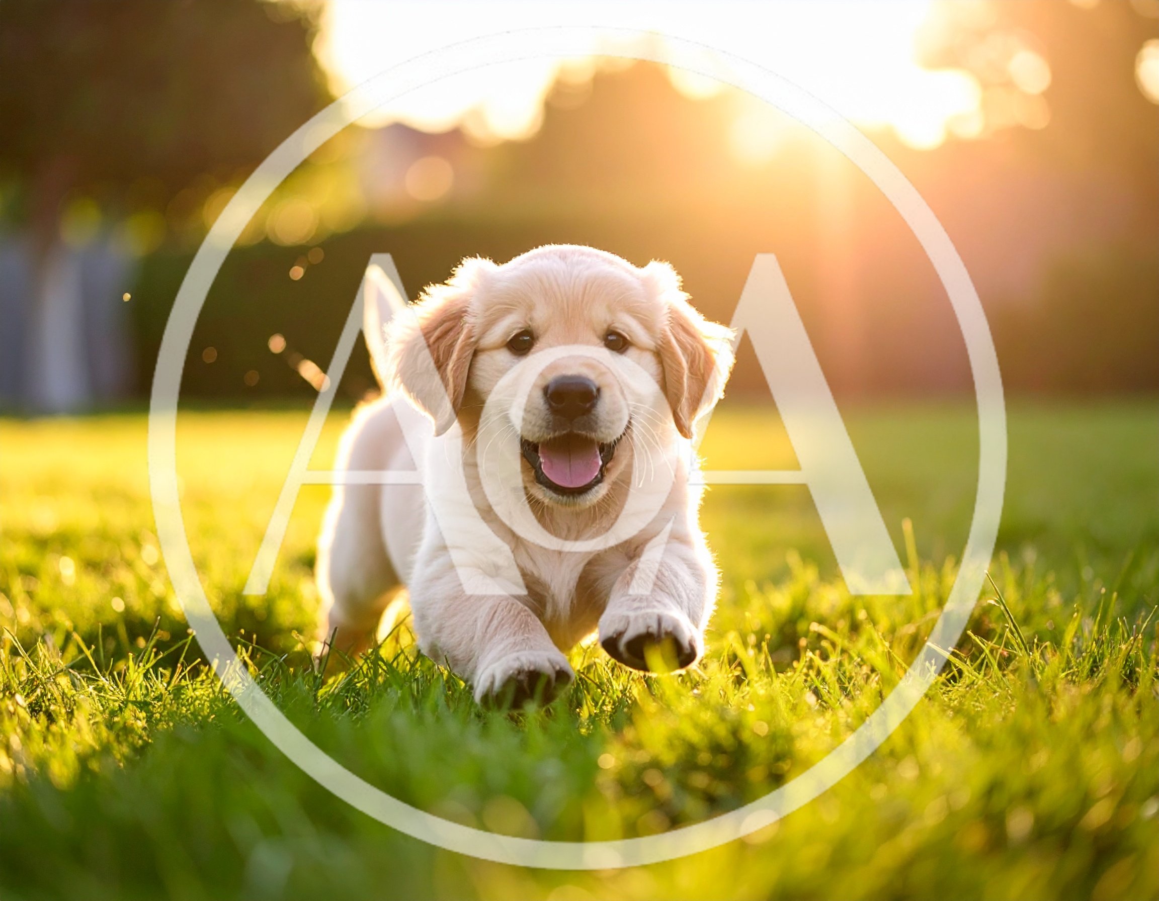 Golden Retriever Puppy Running Through Sunny Grass