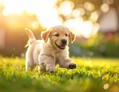 Golden Retriever Puppy Running Through Sunny Grass