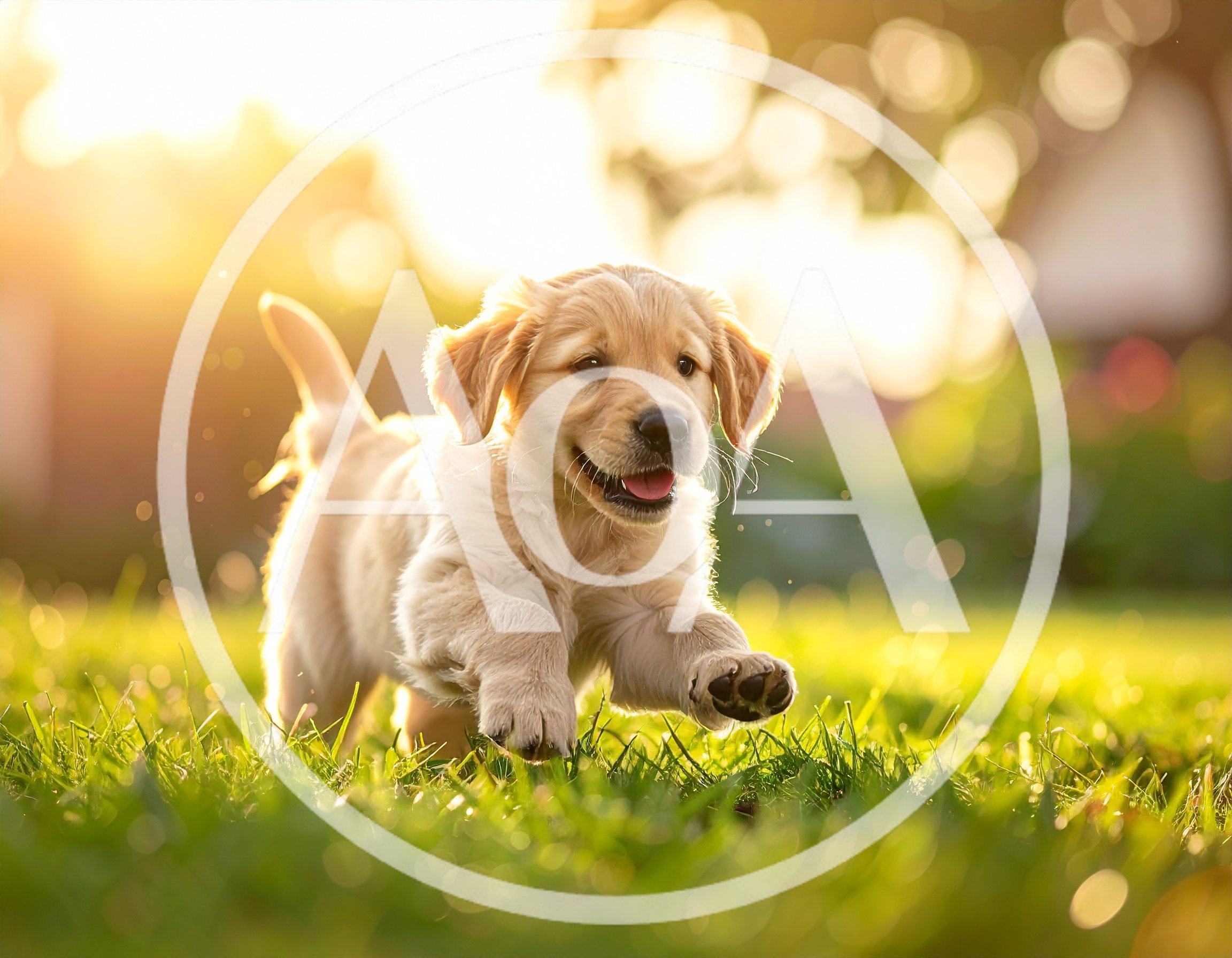 Golden Retriever Puppy Running Through Sunny Grass