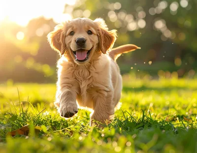 Happy Golden Retriever Puppy Running Through Sunny Grass