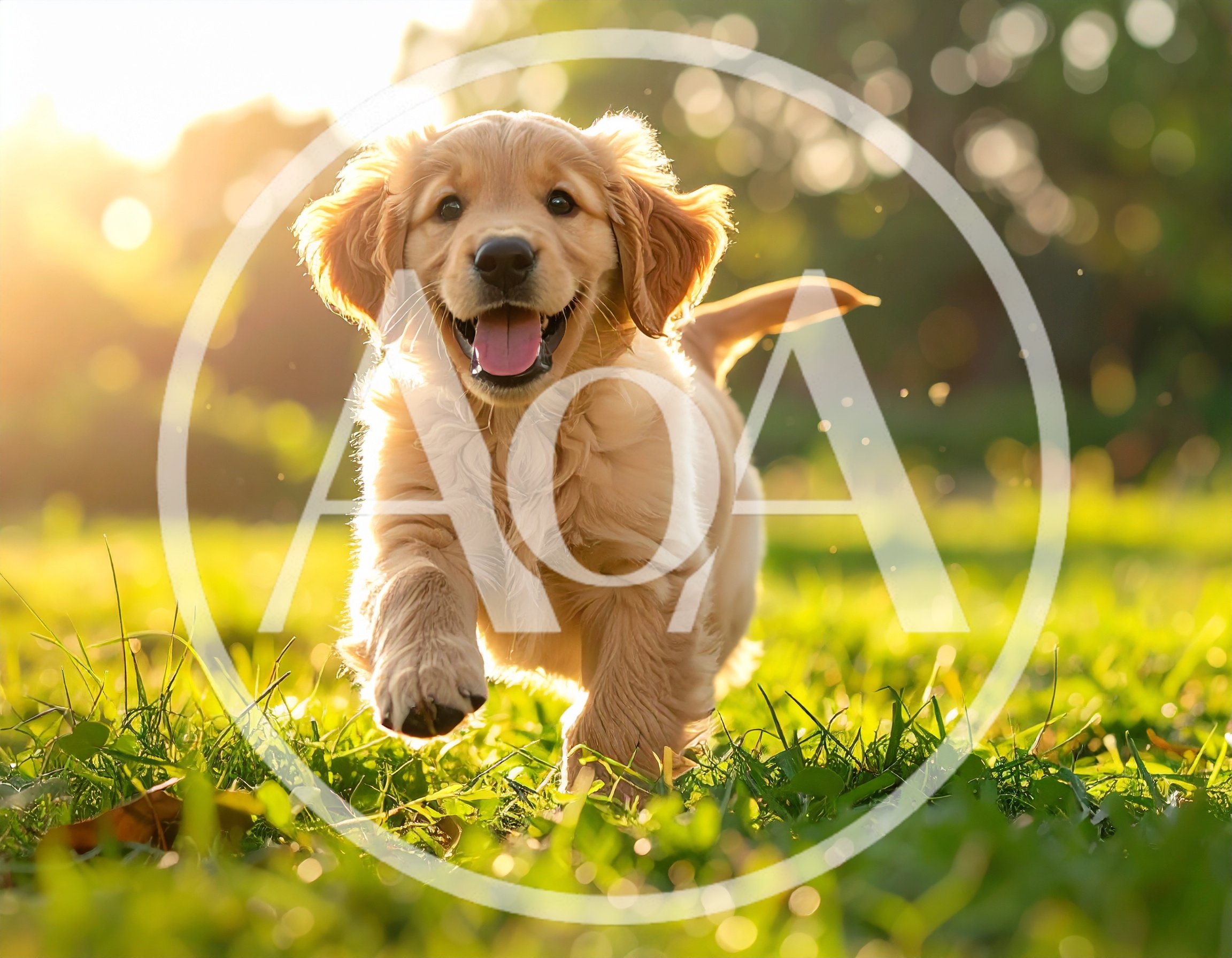 Happy Golden Retriever Puppy Running Through Sunny Grass