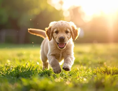 Golden Retriever Puppy Running Through Sunny Grass