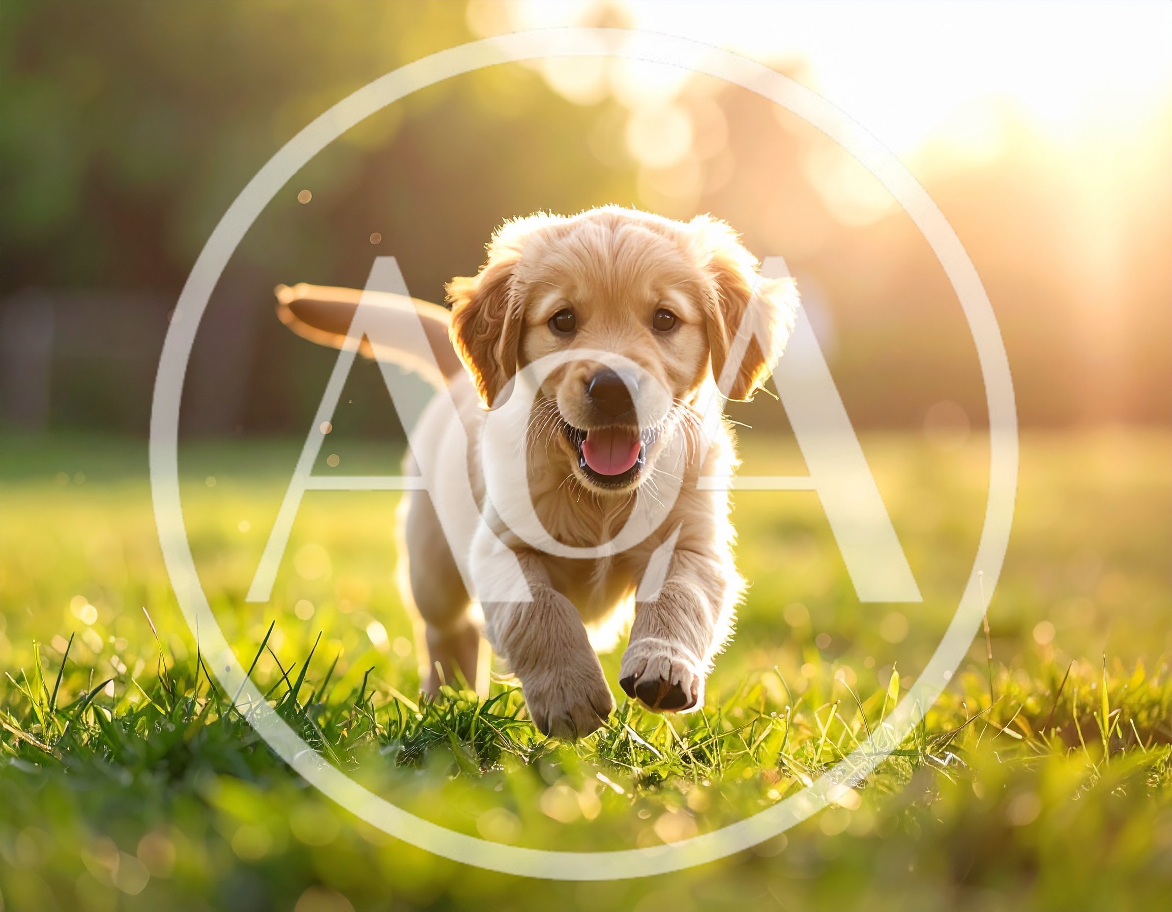 Golden Retriever Puppy Running Through Sunny Grass