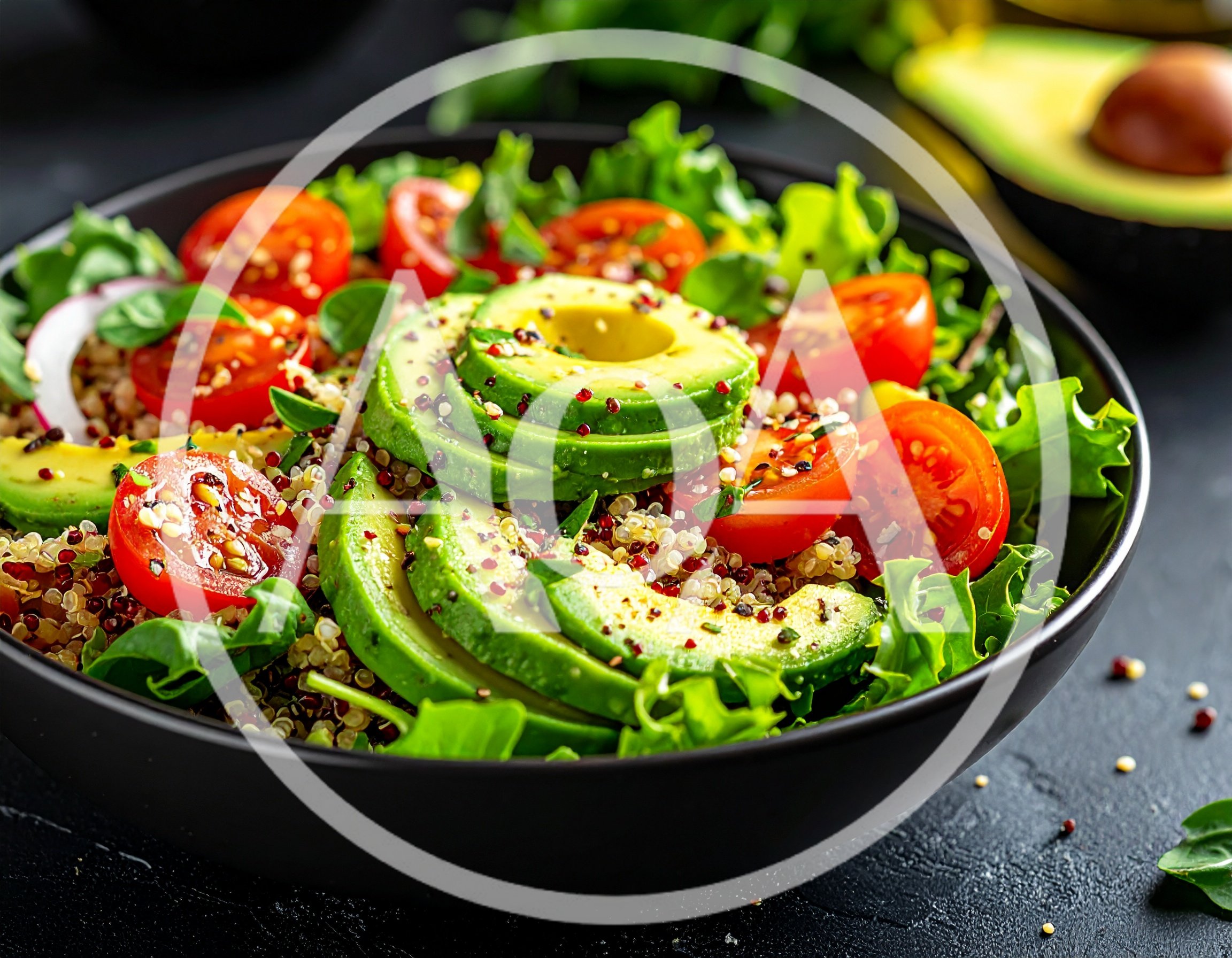 Fresh Avocado and Quinoa Salad in Black Bowl