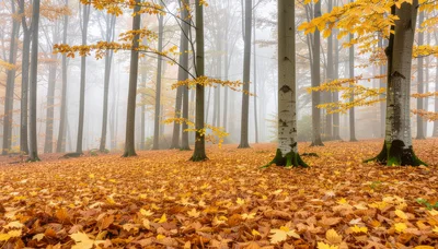 Misty Autumn Forest With Golden Fallen Leaves