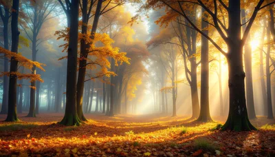 Golden Autumn Forest With Sunbeams And Fog