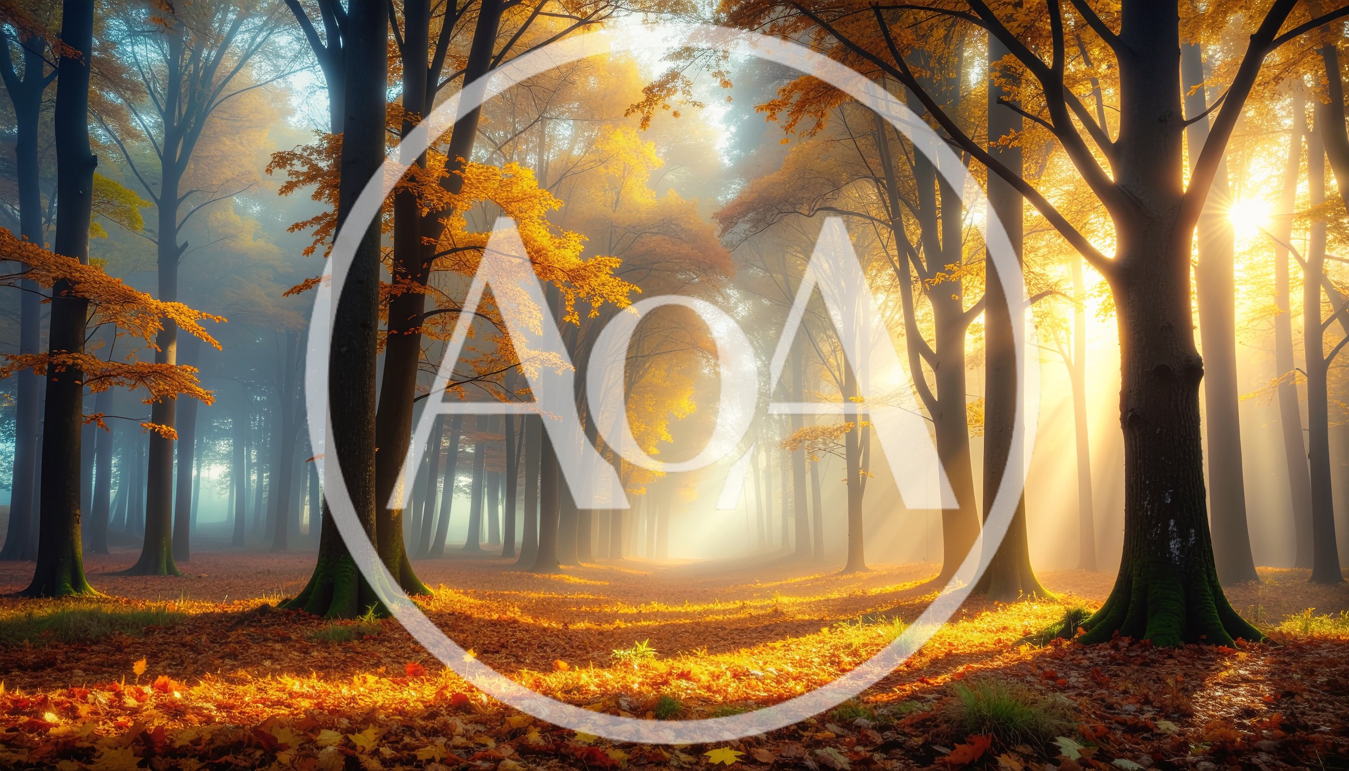 Golden Autumn Forest With Sunbeams And Fog