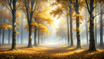 Golden Autumn Forest Path With Morning Mist