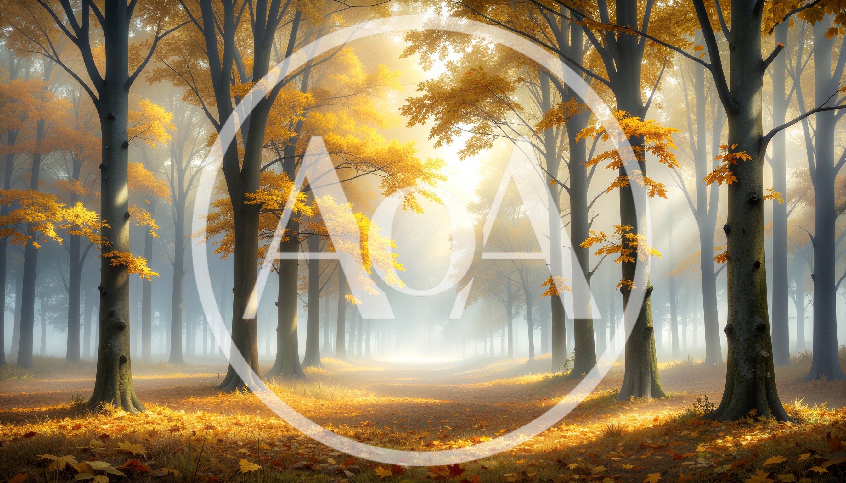 Golden Autumn Forest Path With Morning Mist