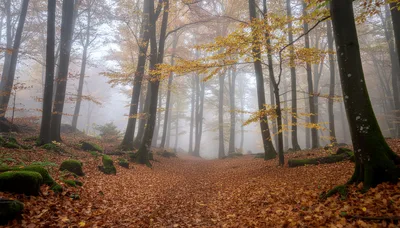 Misty Autumn Forest Path With Fallen Leaves