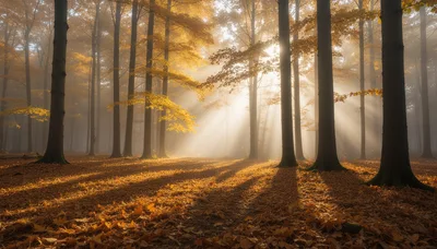 Golden Autumn Forest With Sunbeams And Fog