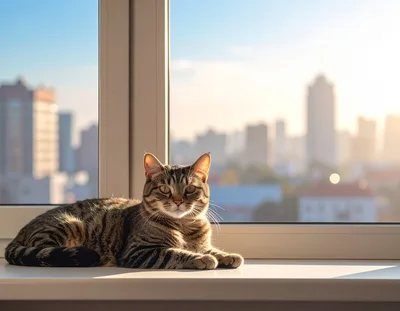 Tabby Cat Resting on a Sunny Window Sill