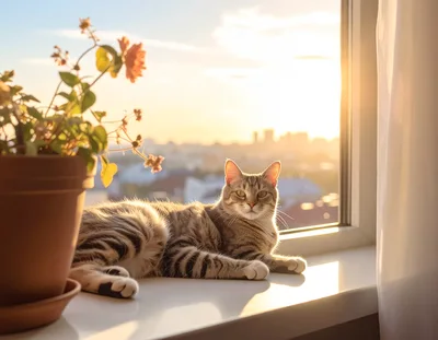 Tabby Cat Resting on a Sunny Windowsill