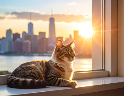 Tabby Cat Resting On A Window Sill At Sunset