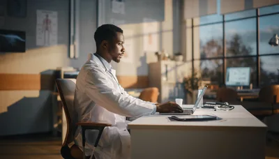 Black Male Doctor Working On Laptop In Medical Office