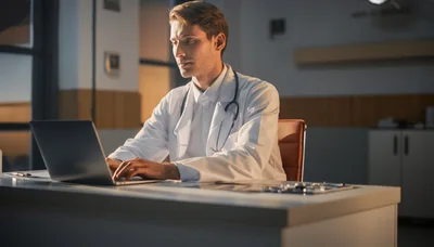 Male Doctor Working On Laptop In Hospital Office