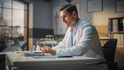 Male Doctor Working On Laptop In Medical Office