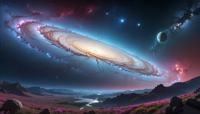 Surreal Alien Landscape With Massive Spiral Galaxy