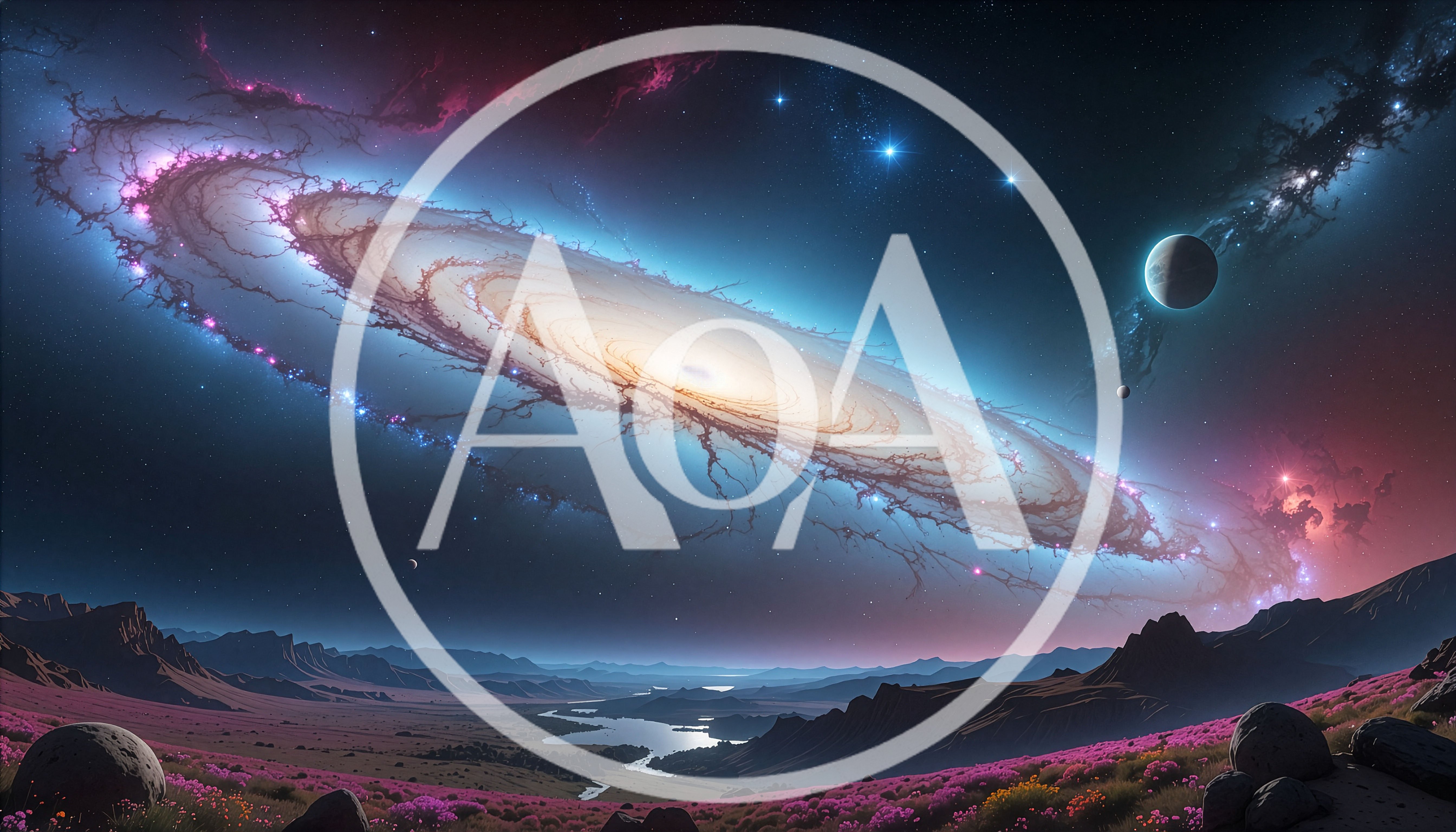 Surreal Alien Landscape With Massive Spiral Galaxy