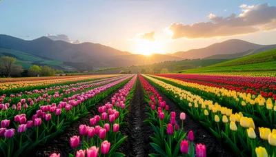 Vibrant Tulip Fields At Sunset In Mountain Valley