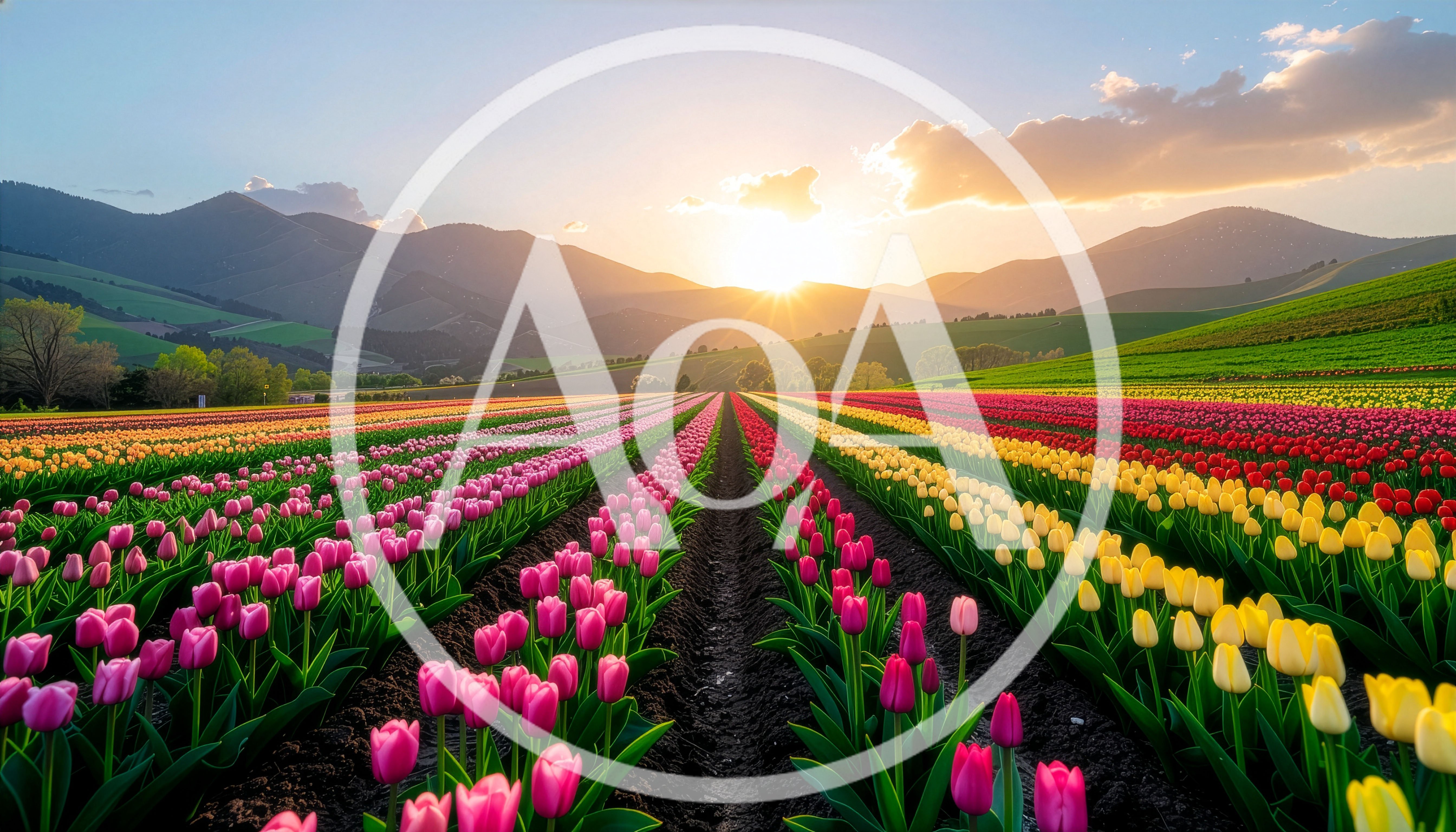 Vibrant Tulip Fields At Sunset In Mountain Valley
