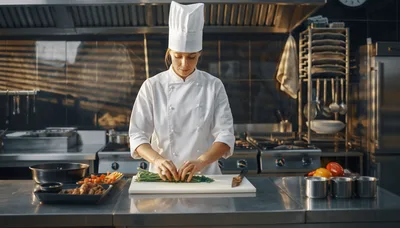 Professional Chef Preparing Fresh Herbs In Commercial Kitchen