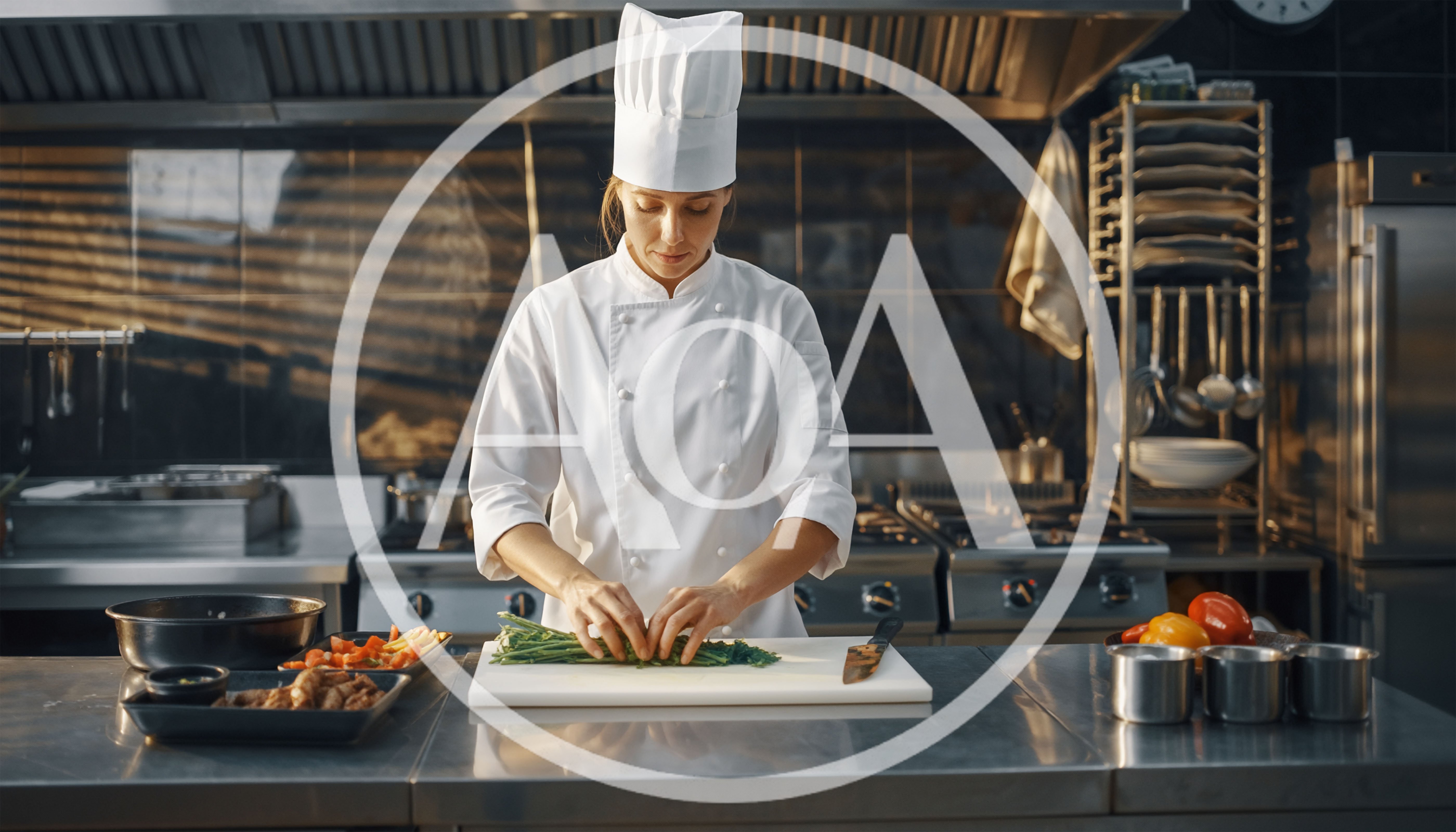 Professional Chef Preparing Fresh Herbs In Commercial Kitchen