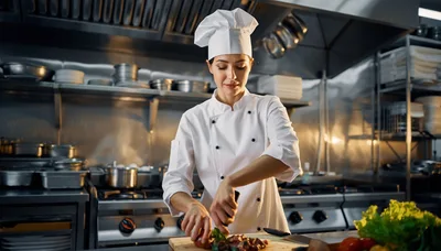 Professional Female Chef Preparing Ingredients In Commercial Kitchen