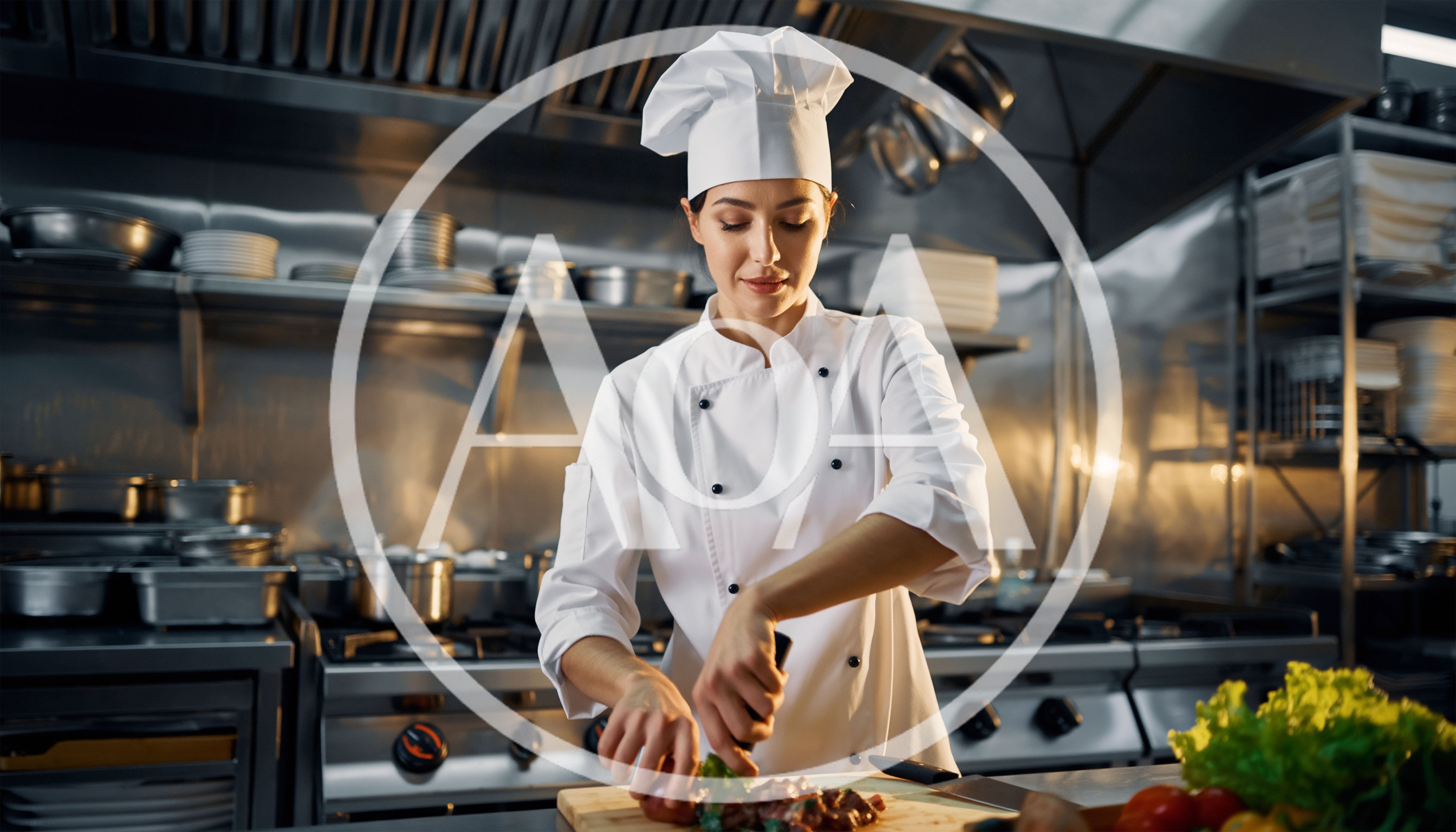 Professional Female Chef Preparing Ingredients In Commercial Kitchen