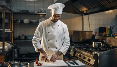 Professional Chef Preparing Ingredients In A Commercial Kitchen