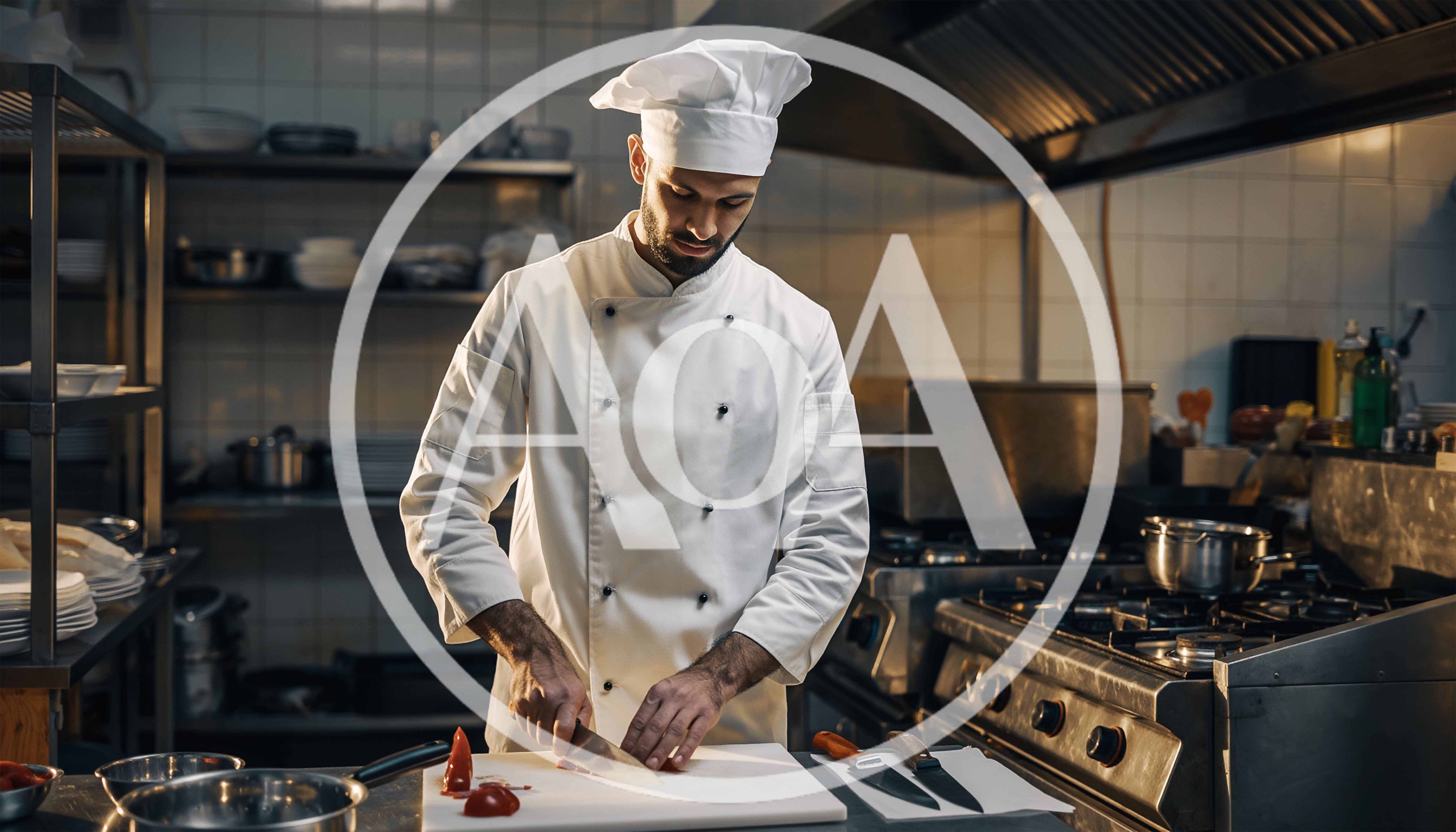 Professional Chef Preparing Ingredients In A Commercial Kitchen