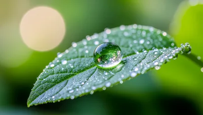 Dew Drop Resting on a Vibrant Green Leaf