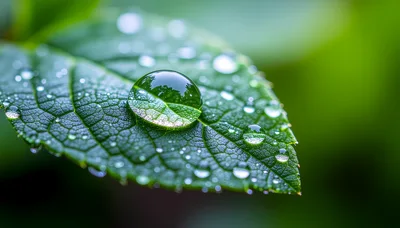 Macro Close Up Of Raindrops On A Green Leaf