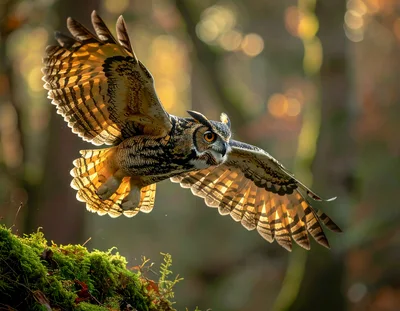Great Horned Owl Taking Flight From Mossy Log
