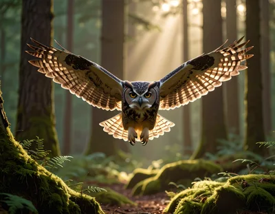 Great Horned Owl Flying Through Sunlit Forest