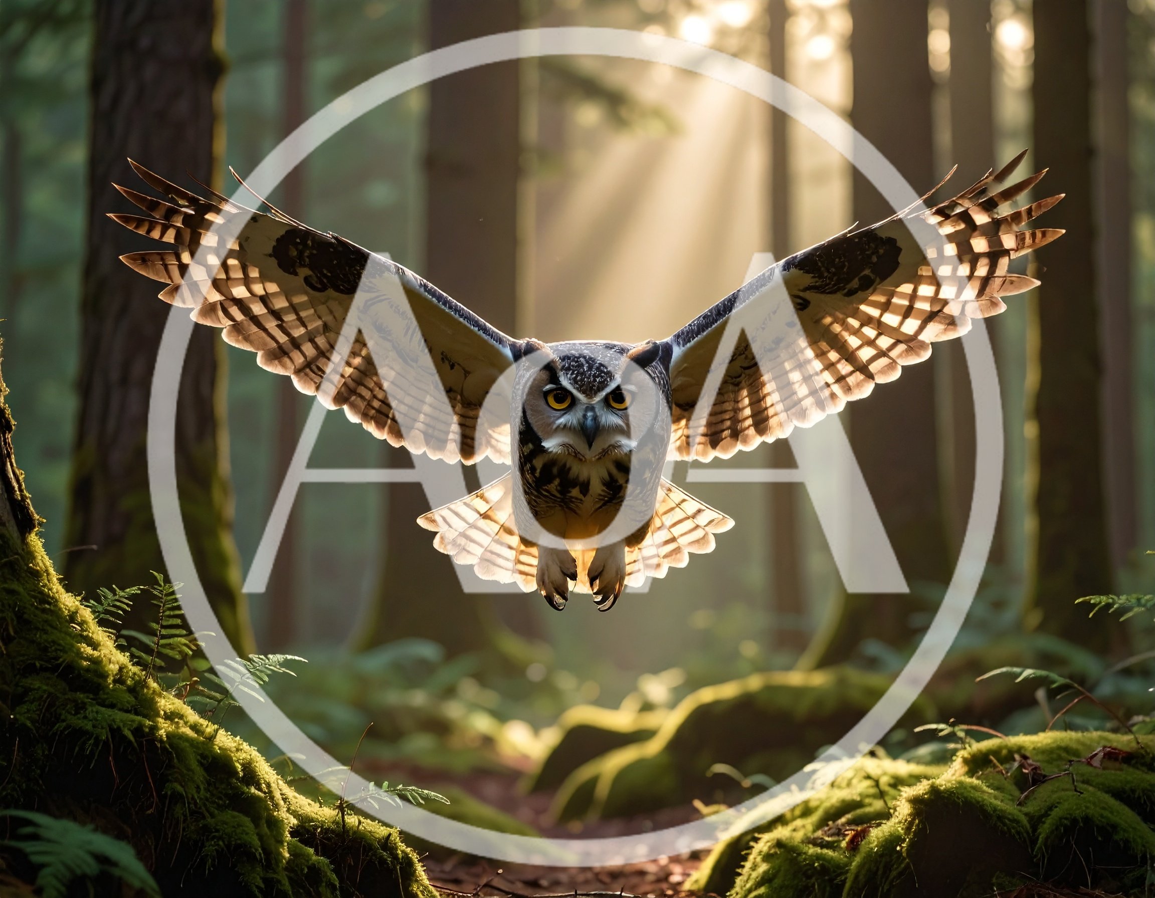 Great Horned Owl Flying Through Sunlit Forest