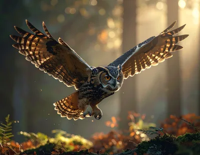 Great Horned Owl Flying Through Sunlit Forest