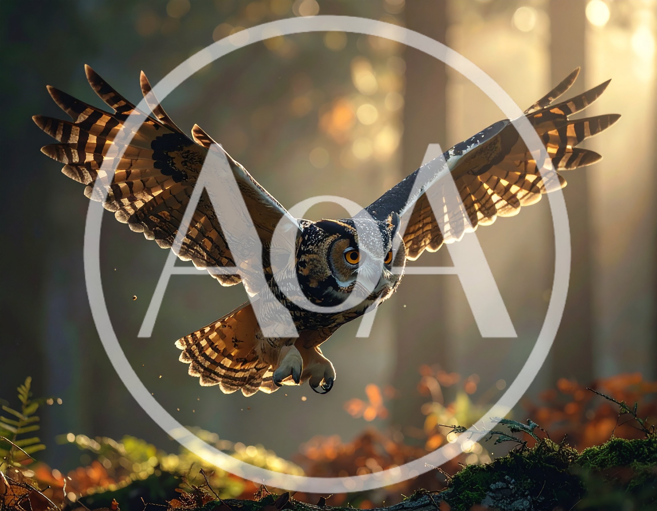 Great Horned Owl Flying Through Sunlit Forest